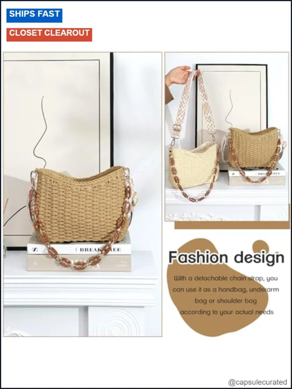Natural Straw Woven Hobo Crossbody Bag with Chain and Removable Straps